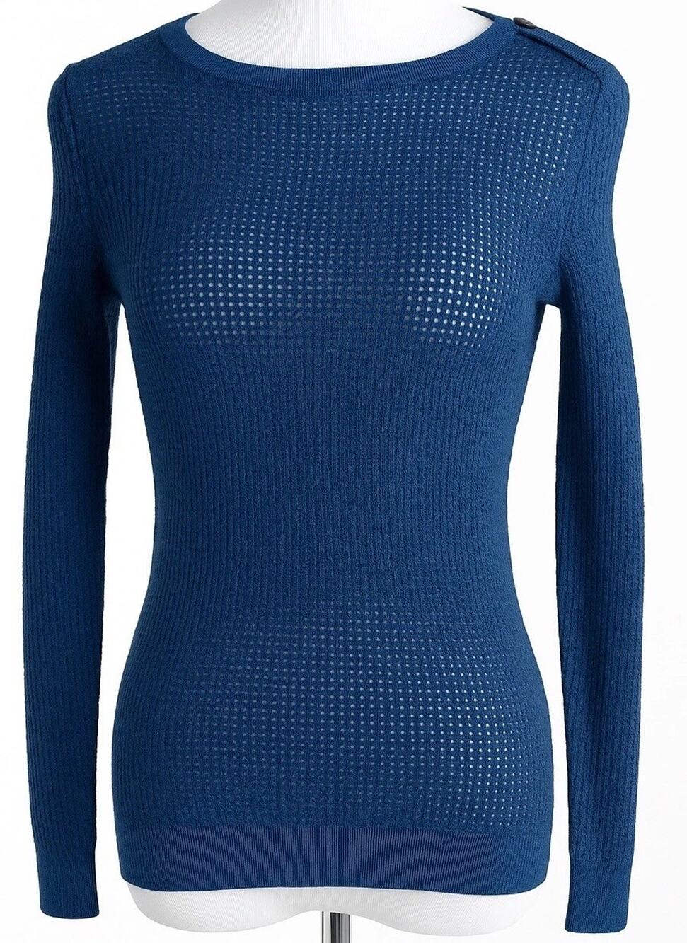 APC Rue Madame Navy Blue Textured Knit Sweater S M long sleeve Blouse Fitted